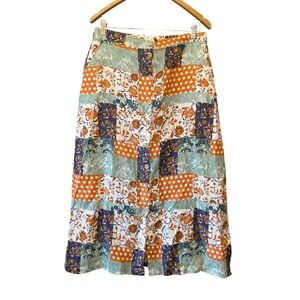 Patchwork Linen Midi Skirt Large Boho Floral Earthy‎ Lagenlook Coastal Cottage